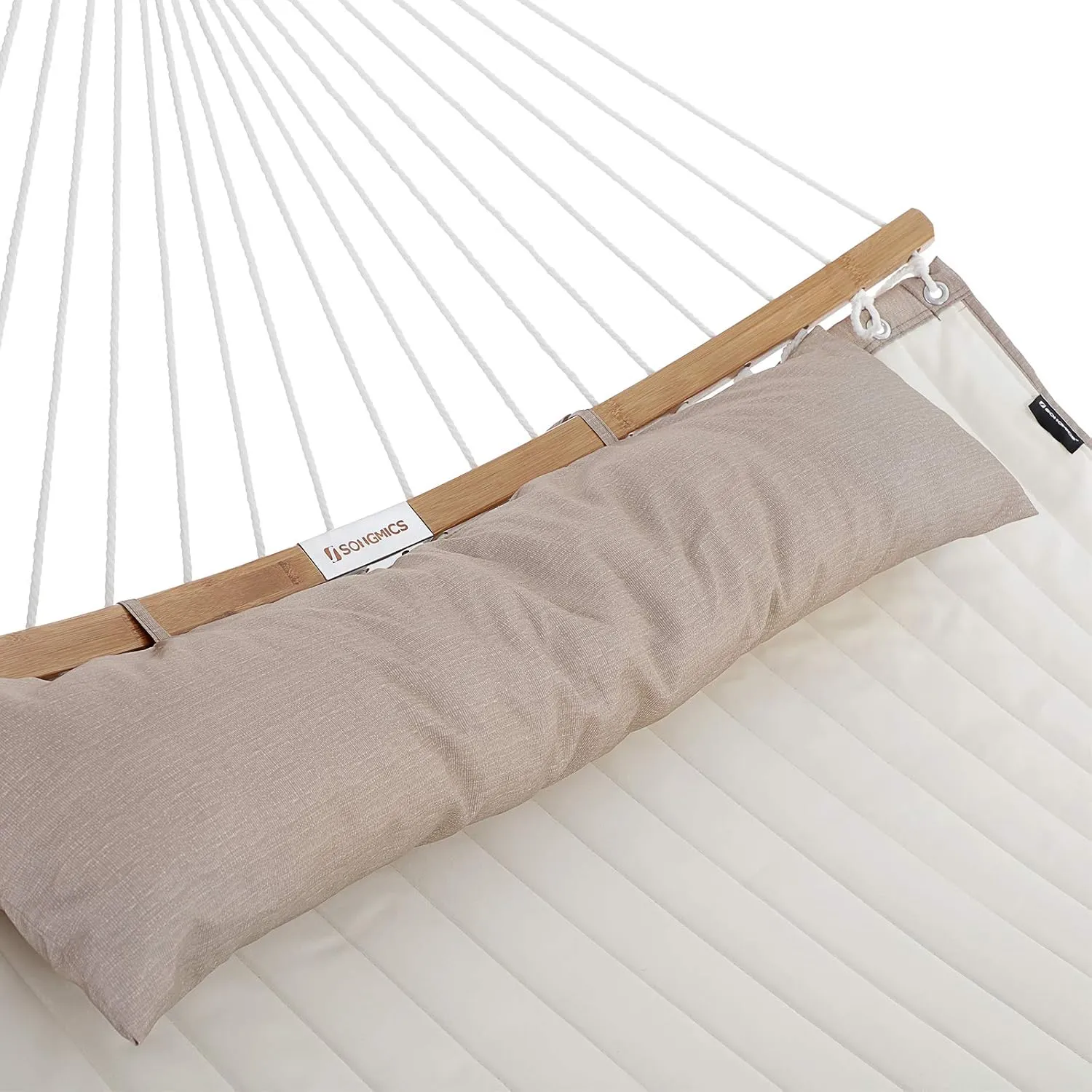 SONGMICS Hammock, Quilted Hammock with Curved Bamboo Spreaders, Pillow, 78.7 x 55.1 Inches, Portable Padded Hammock Holds up to 495 lb, Cream and Beige UGDC34BE