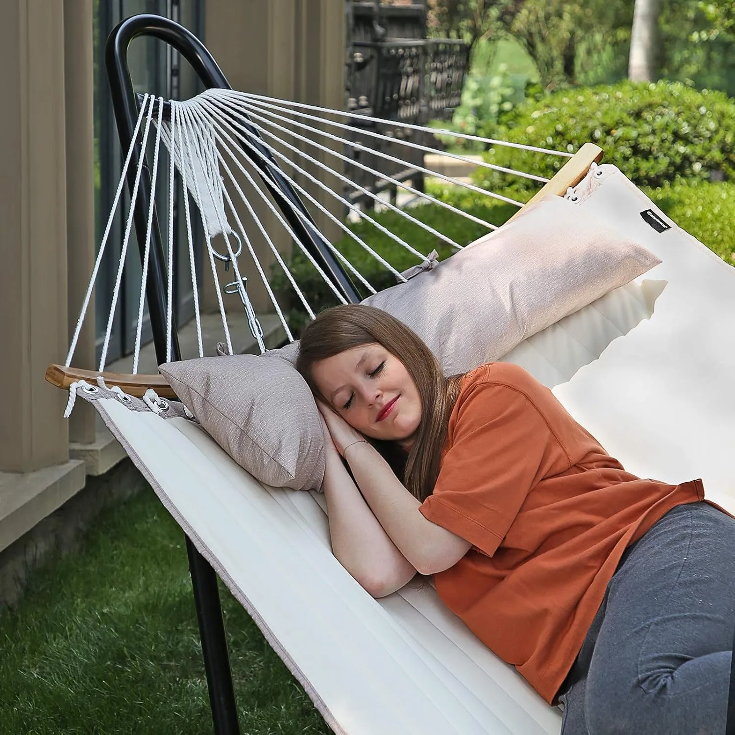 SONGMICS Hammock, Quilted Hammock with Curved Bamboo Spreaders, Pillow, 78.7 x 55.1 Inches, Portable Padded Hammock Holds up to 495 lb, Cream and Beige UGDC34BE