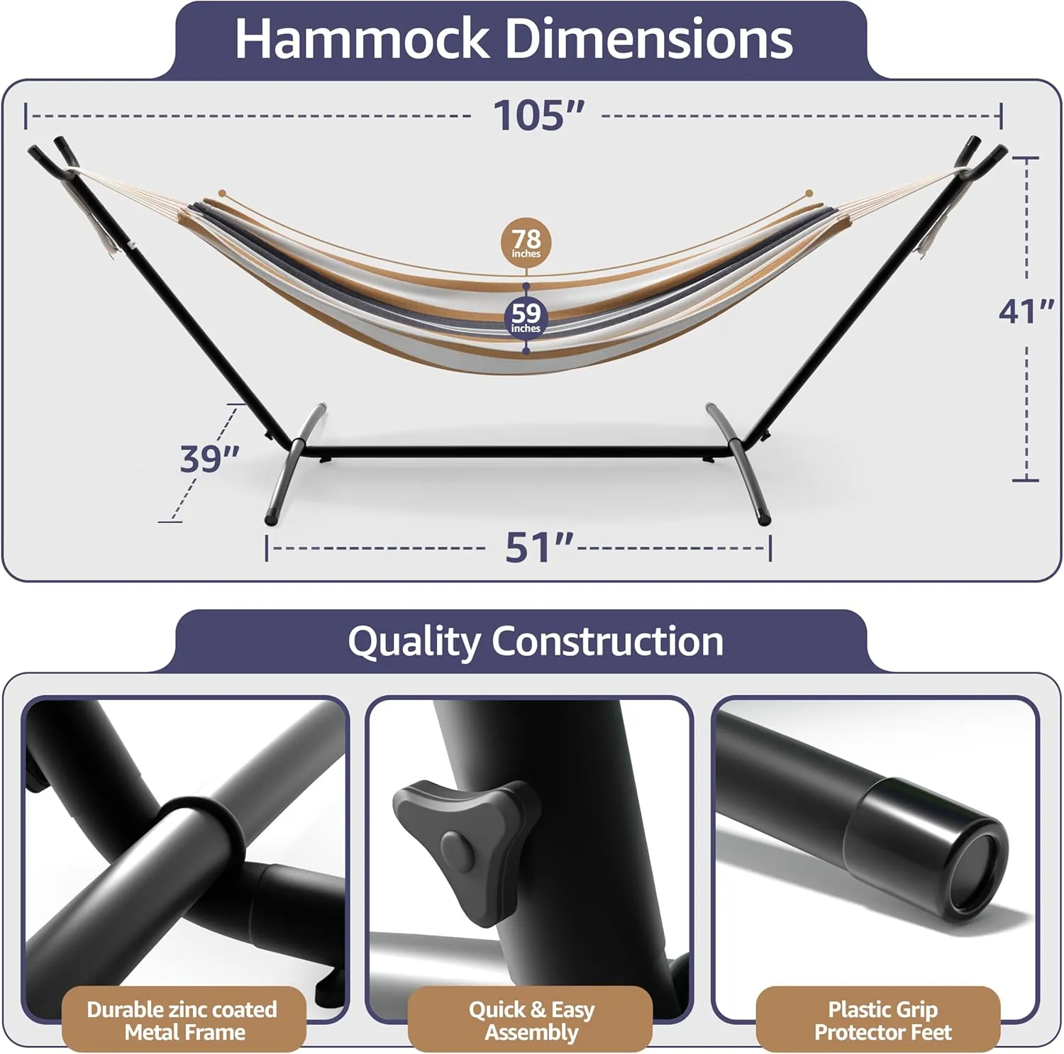 Sorbus 2-Person Hammock with Stand – 60" Cotton Blend Bed, Heavy Duty 450lbs Capacity, Portable with Carrying Case – for Garden, Patio, Outdoor, Camping, Gifts – Washable