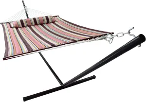 Sorbus 2-Person Stylish Hammock with Stand- 53" Large Cotton Outdoor Hammock- Spreadedbars & Pillow Included- Heavy Duty 450lbs Portable Hammock for Garden Patio Outdoor Camping- Comfortable, Washable