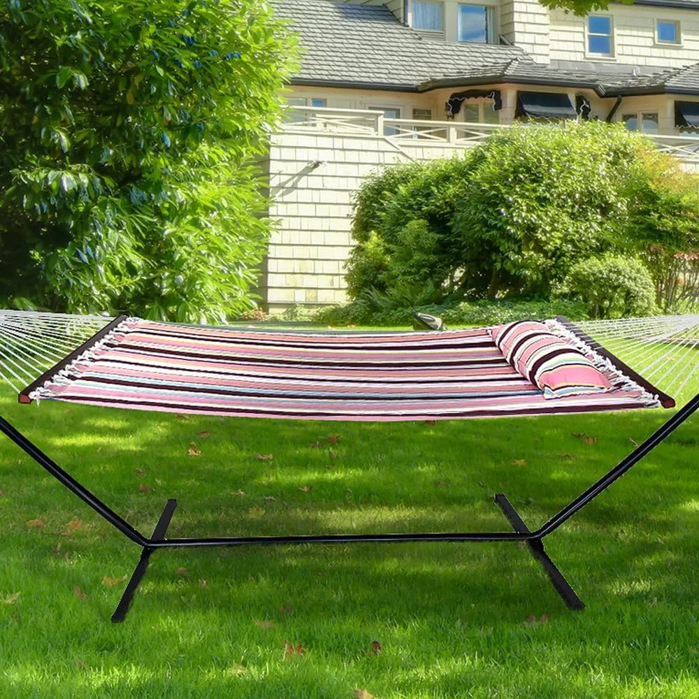 Sorbus 2-Person Stylish Hammock with Stand- 53" Large Cotton Outdoor Hammock- Spreadedbars & Pillow Included- Heavy Duty 450lbs Portable Hammock for Garden Patio Outdoor Camping- Comfortable, Washable