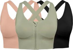 Sports Bras for Women Pack - Womens Front Closure Cross Back Low Impact Workout Post Surgery Bra Multipack
