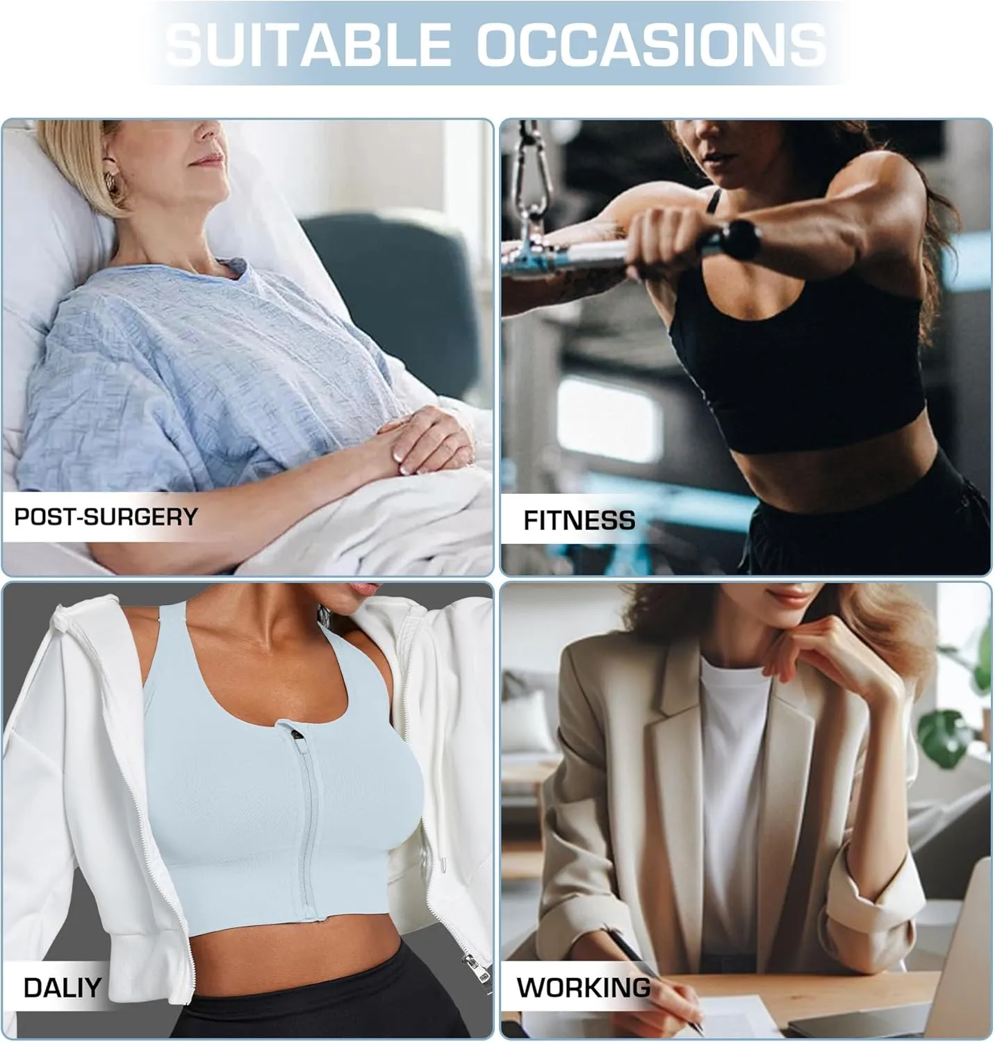 Sports Bras for Women Pack - Womens Front Closure Cross Back Low Impact Workout Post Surgery Bra Multipack