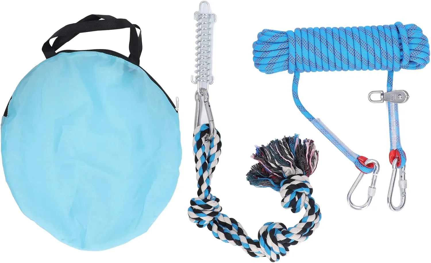 Spring Pole Dog Rope Toy 49.2ft | Interactive Tug Toy for Small/Medium/Large Dogs | Safe Muscle Builder with Shock Absorber Action | Long - Lasting Cotton Rope & Stainless (Blue)