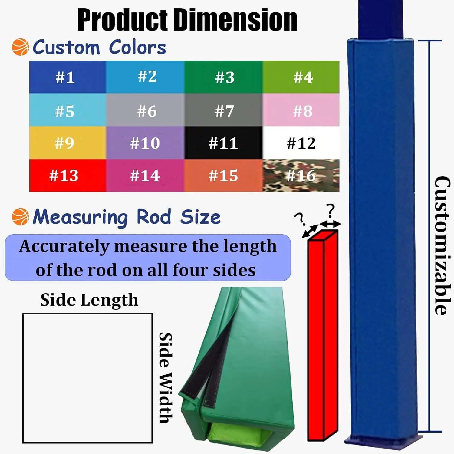 Square Pole Padding Basketball Rod Pads, Heavy Duty Basketball Hoop Padding Cushion for Sunshade/Swing Pole/Electric Bar, Wrap Around Rod Post Padding