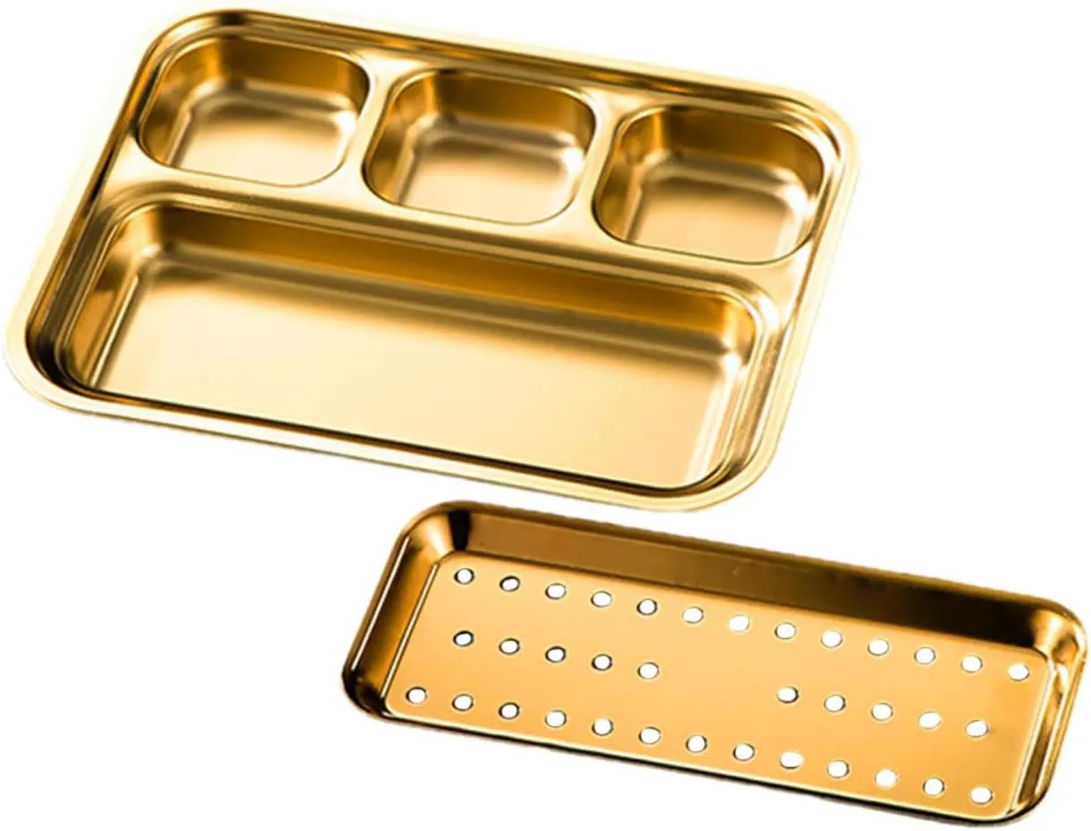 Stainless Steel Rectangular Divided Tray Food Grade Compartment Plate with Smooth Edges for BBQ Parties Outdoor Camping and Serving Sauces Snacks