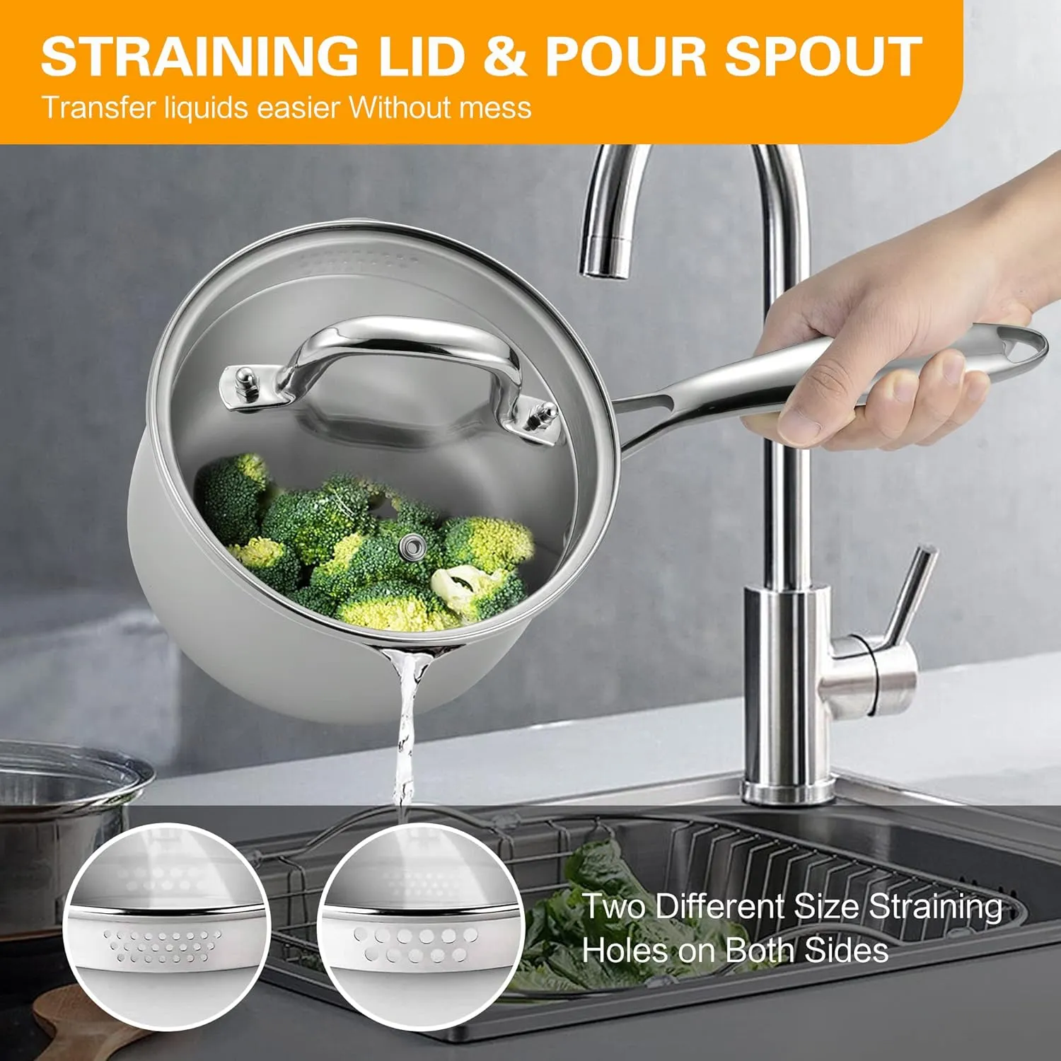 Stainless Steel Saucepan with Tempered Glass Lid, 2.5 Quart Multipurpose Cooking Pot, Sauce Pot for Easy Pour with Ergonomic Handle