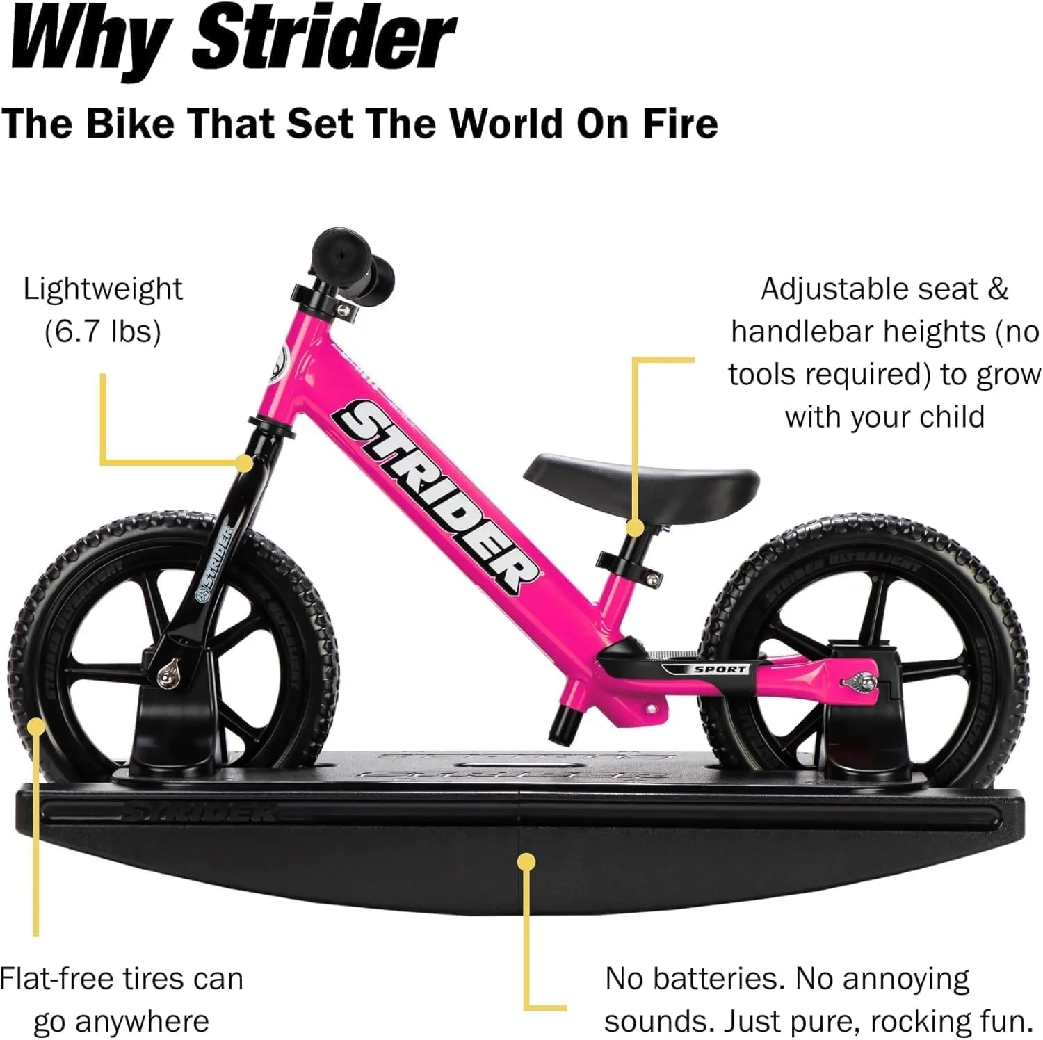 Strider 12” Sport Bike   Rocking Base - Helps Teach Baby How to Ride a Balance Bicycle - for Kids 6 Months to 4 Years - Easy Assembly & Adjustments