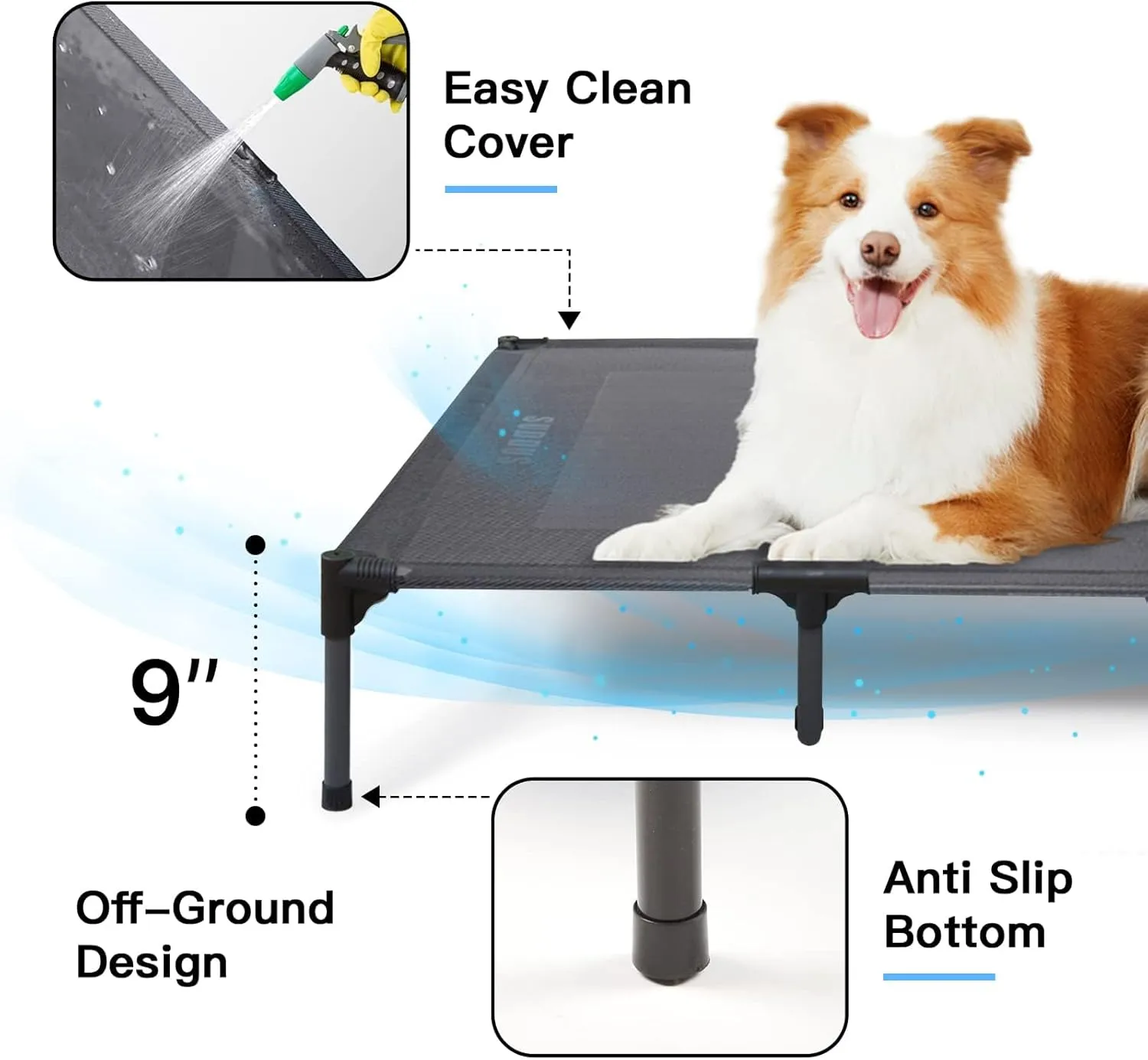 Suddus Elevated Dog Bed for Large Dogs 140lb, Breathable Cooling Raised Dog Cot with Dual Support Bars & Metal Frame, No-Slip Feet, Waterproof Pet Bed for Indoor/Outdoor, X-Large, 48 * 36 * 9in, Grey