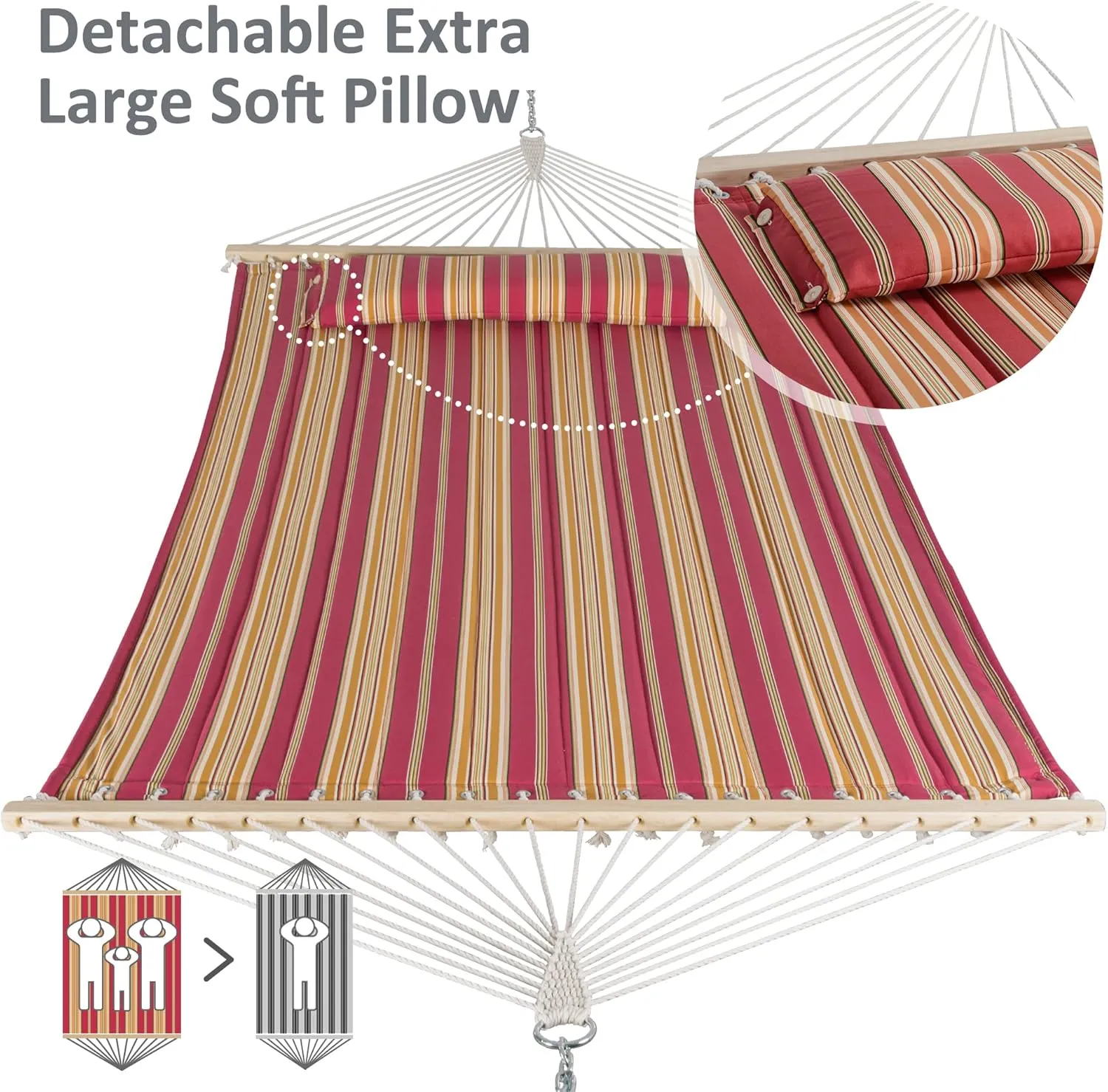 SUNCREAT Double Hammock Quilted Fabric Swing with Spreader Bar, Detachable Pillow, 55” x79” Large Hammock, Red Stripes