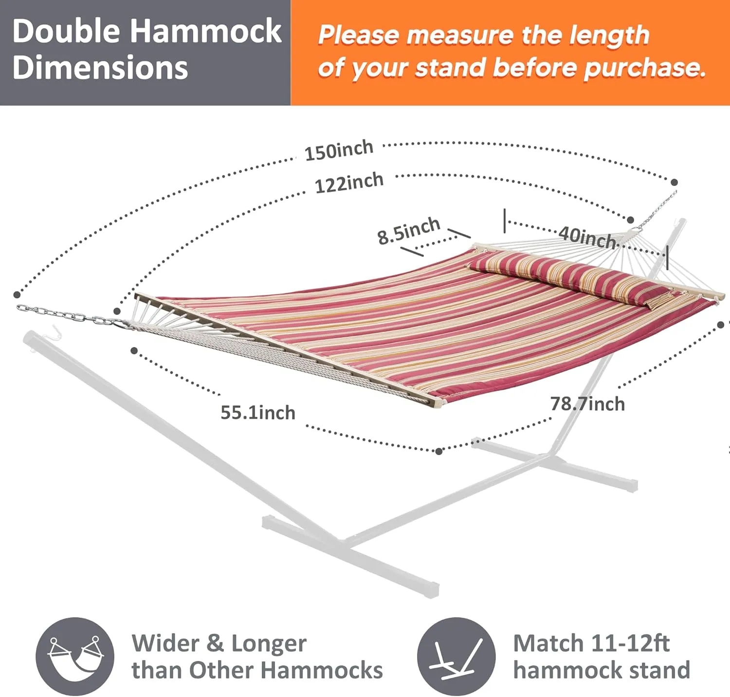 SUNCREAT Double Hammock Quilted Fabric Swing with Spreader Bar, Detachable Pillow, 55” x79” Large Hammock, Red Stripes
