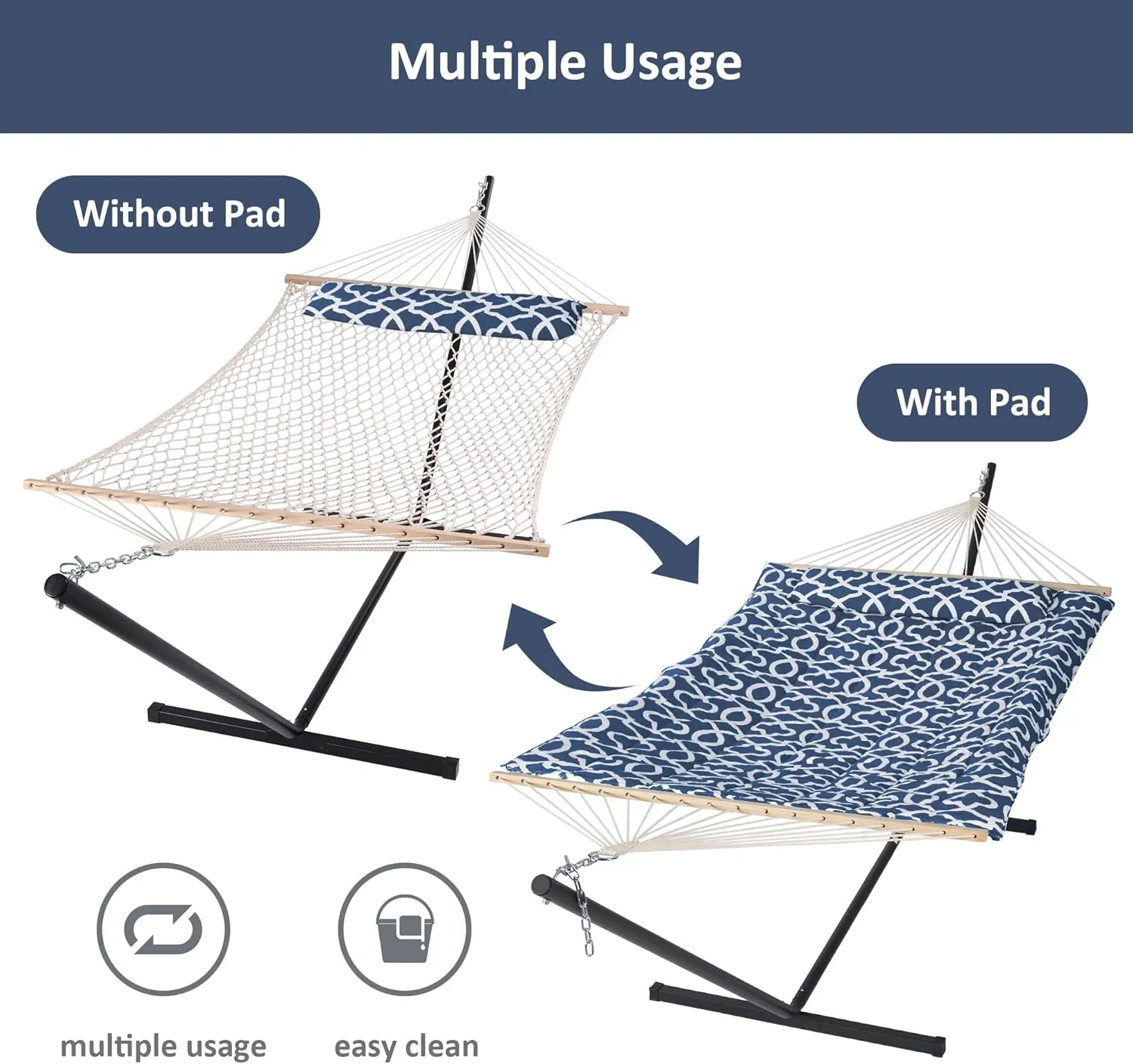 SUNCREAT Double Portable Hammock with Stand Included, 475 lbs Capactiy, Extra Large Two Person Hammock, Blue Pattern