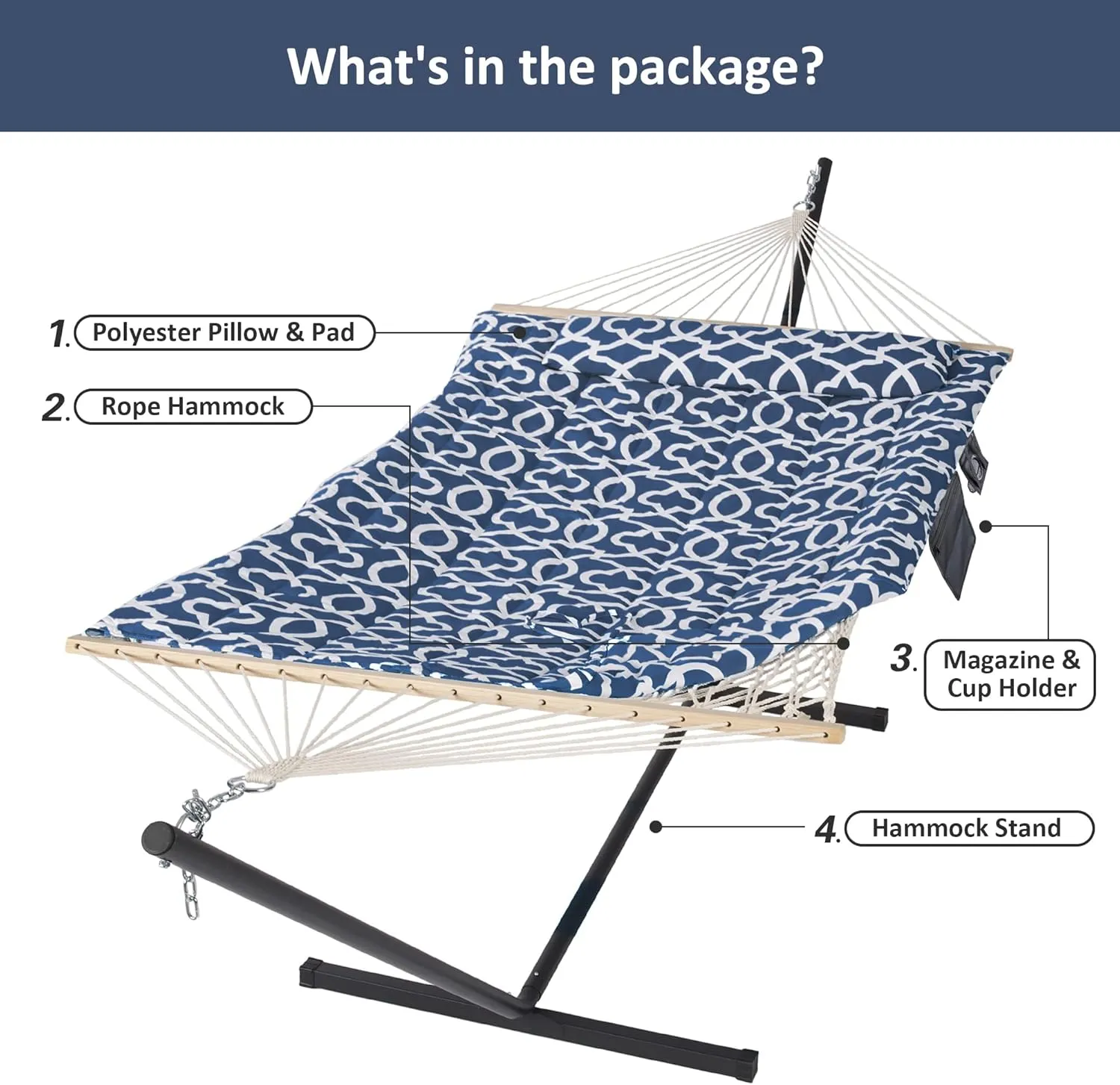 SUNCREAT Double Portable Hammock with Stand Included, 475 lbs Capactiy, Extra Large Two Person Hammock, Blue Pattern