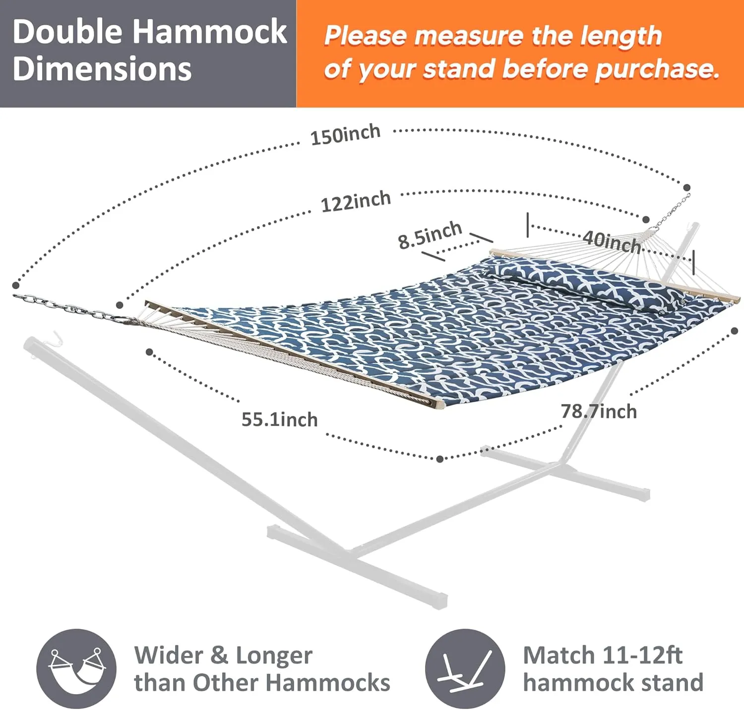 SUNCREAT Double Tree Hammock with Hardwood Spreader Bar, Extra Large Soft Pillow, Heavy Duty Hanging Hammock for Indoor, Outdoor, Blue Pattern