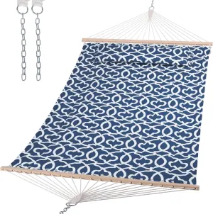 SUNCREAT Double Tree Hammock with Hardwood Spreader Bar, Extra Large Soft Pillow, Heavy Duty Hanging Hammock for Indoor, Outdoor, Blue Pattern