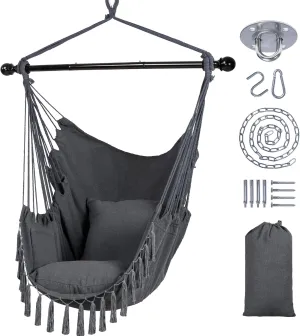SUNCREAT Hammock Chairs Hammock Chair Swing with Steel Support Bar, Side Pocket, Large Swing Chair for Bedroom, Patio, Garden, Dark Gray