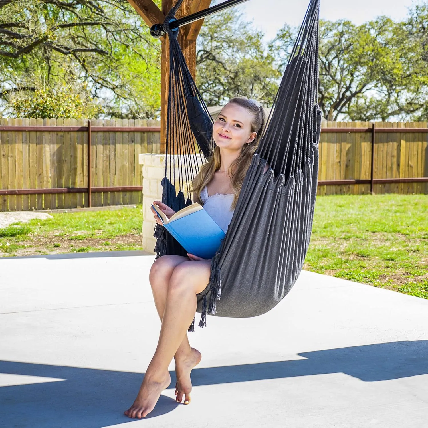 SUNCREAT Hammock Chairs Hammock Chair Swing with Steel Support Bar, Side Pocket, Large Swing Chair for Bedroom, Patio, Garden, Dark Gray