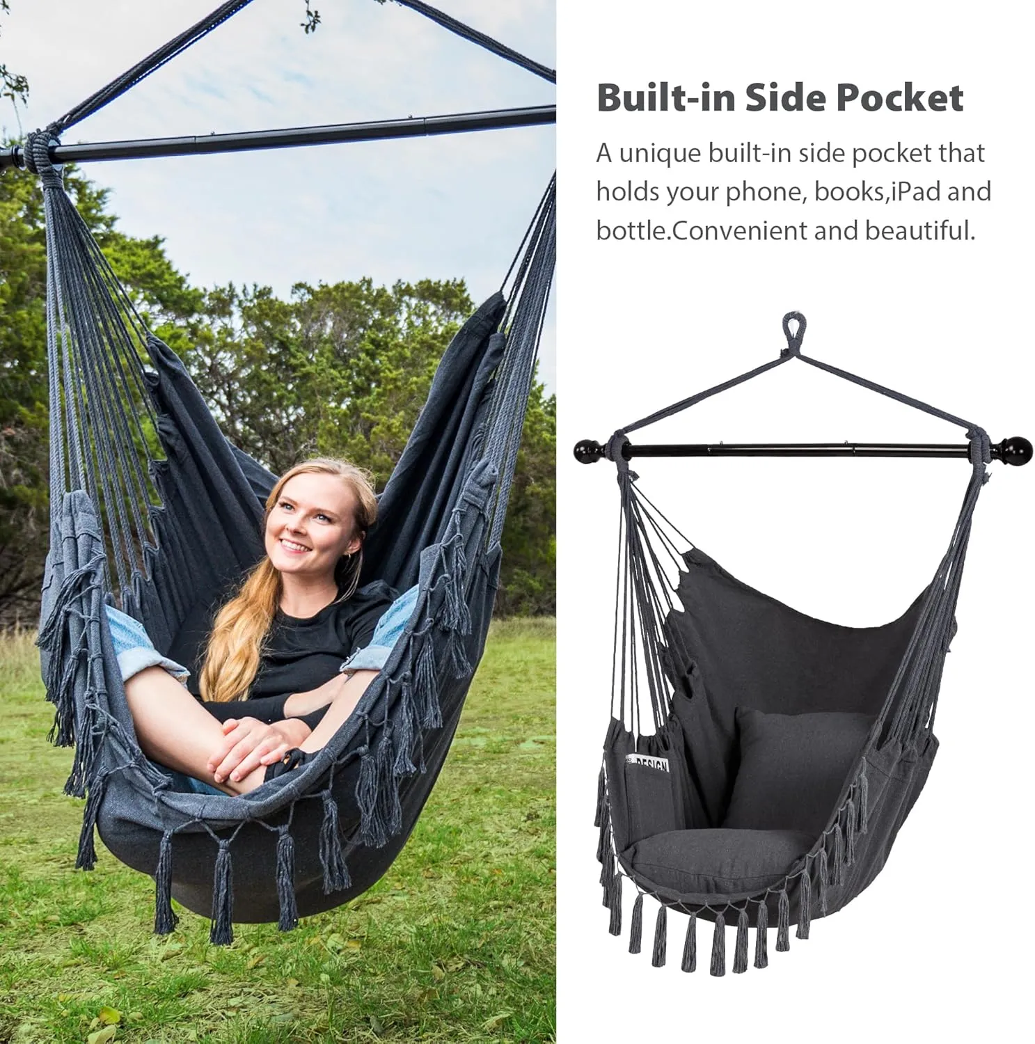SUNCREAT Hammock Chairs Hammock Chair Swing with Steel Support Bar, Side Pocket, Large Swing Chair for Bedroom, Patio, Garden, Dark Gray