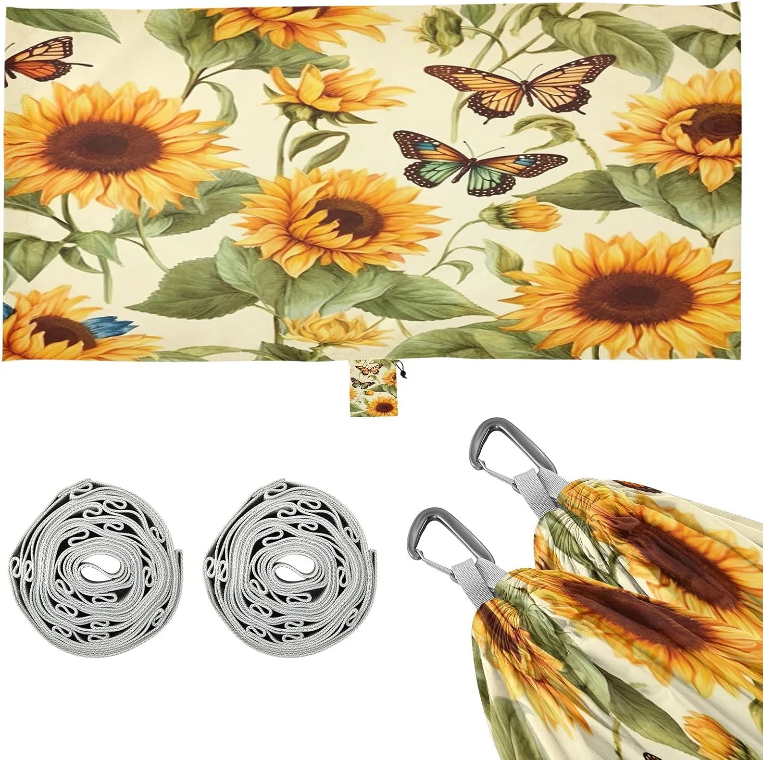 Sunflower Butterfly Camping Hammock, Single Portable Hammocks with Tree Straps & Attached Carry Bag, 330Lbs Capacity Perfect for Outside Indoor Hiking Beach Backpack Travel
