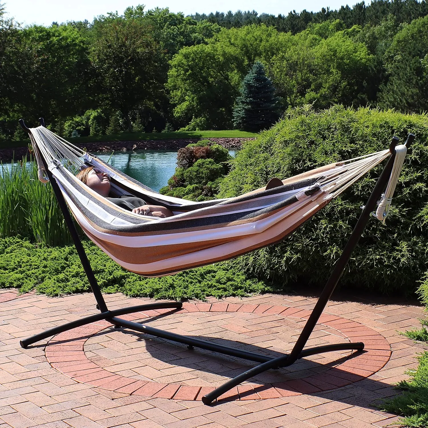 Sunnydaze Double Brazilian Hammock with Stand and Carrying Case - 400-Pound Capacity - Black Stand - Calming Desert