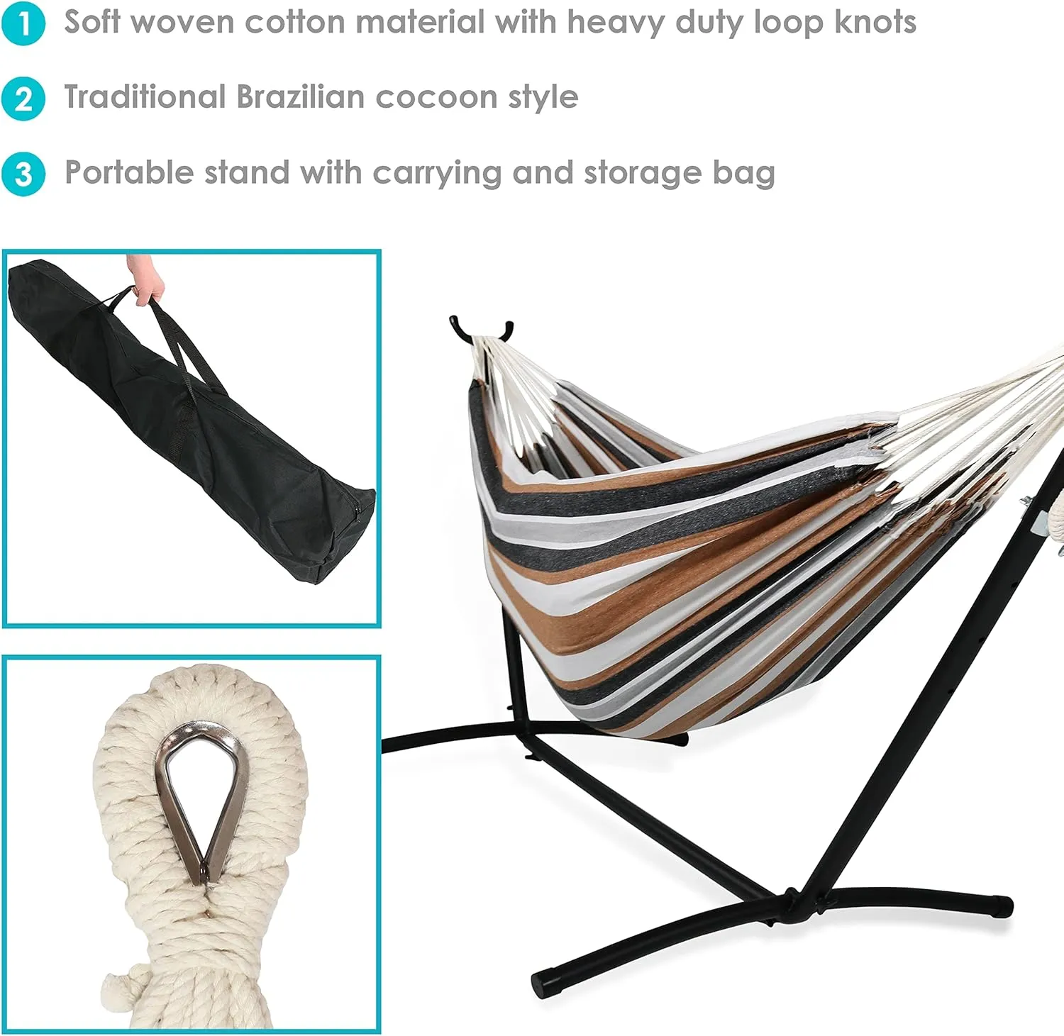 Sunnydaze Double Brazilian Hammock with Stand and Carrying Case - 400-Pound Capacity - Black Stand - Calming Desert