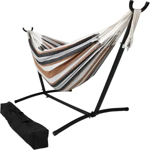 Sunnydaze Double Brazilian Hammock with Stand and Carrying Case - 400-Pound Capacity - Black Stand - Calming Desert