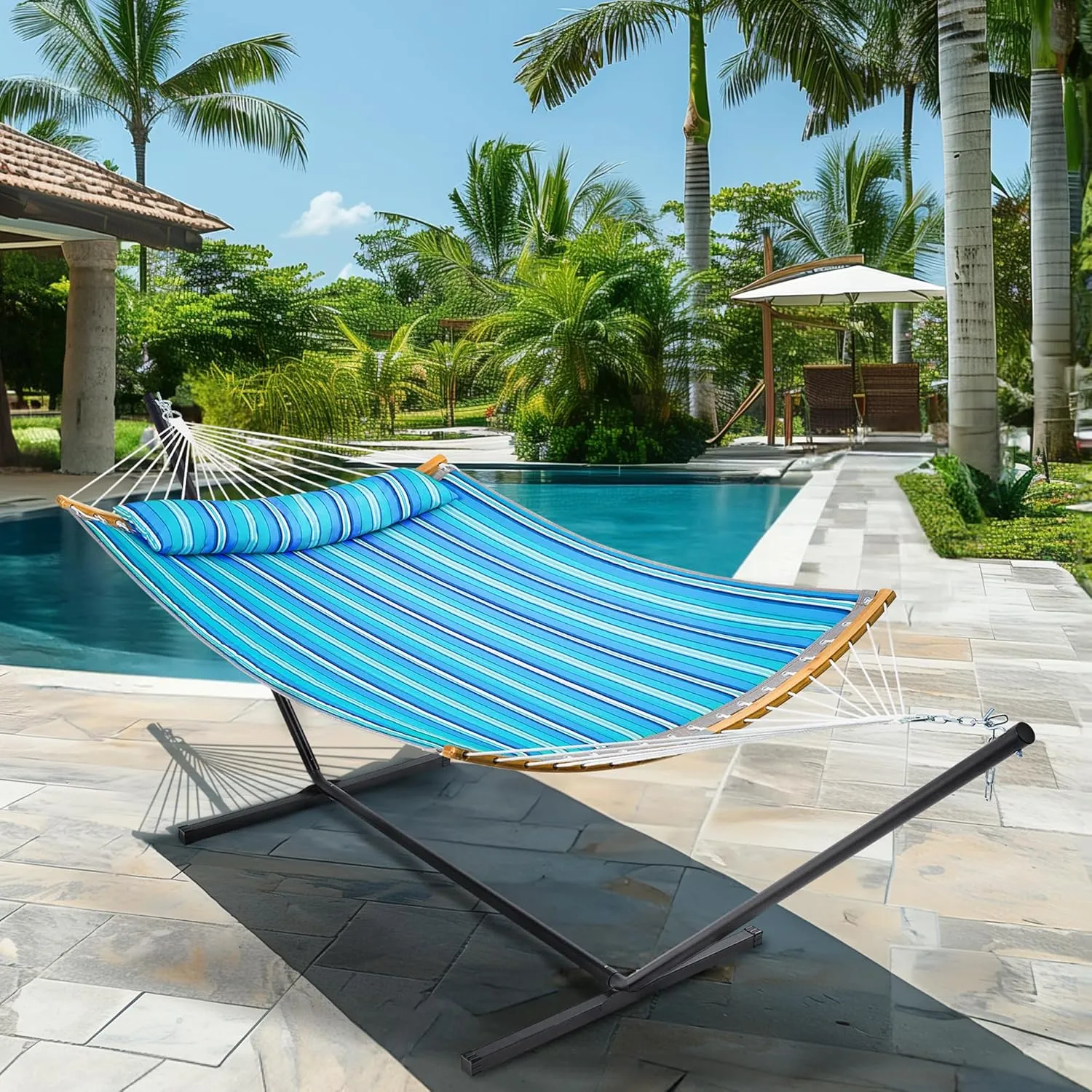 SUPERJARE Hammock with Stand, 2 Person Heavy Duty Hammock Frame, Detachable Pillow & Strong Curved-Bar & Portable Carrying Bag, Perfect for Outdoor & Indoor-Aqua Blue