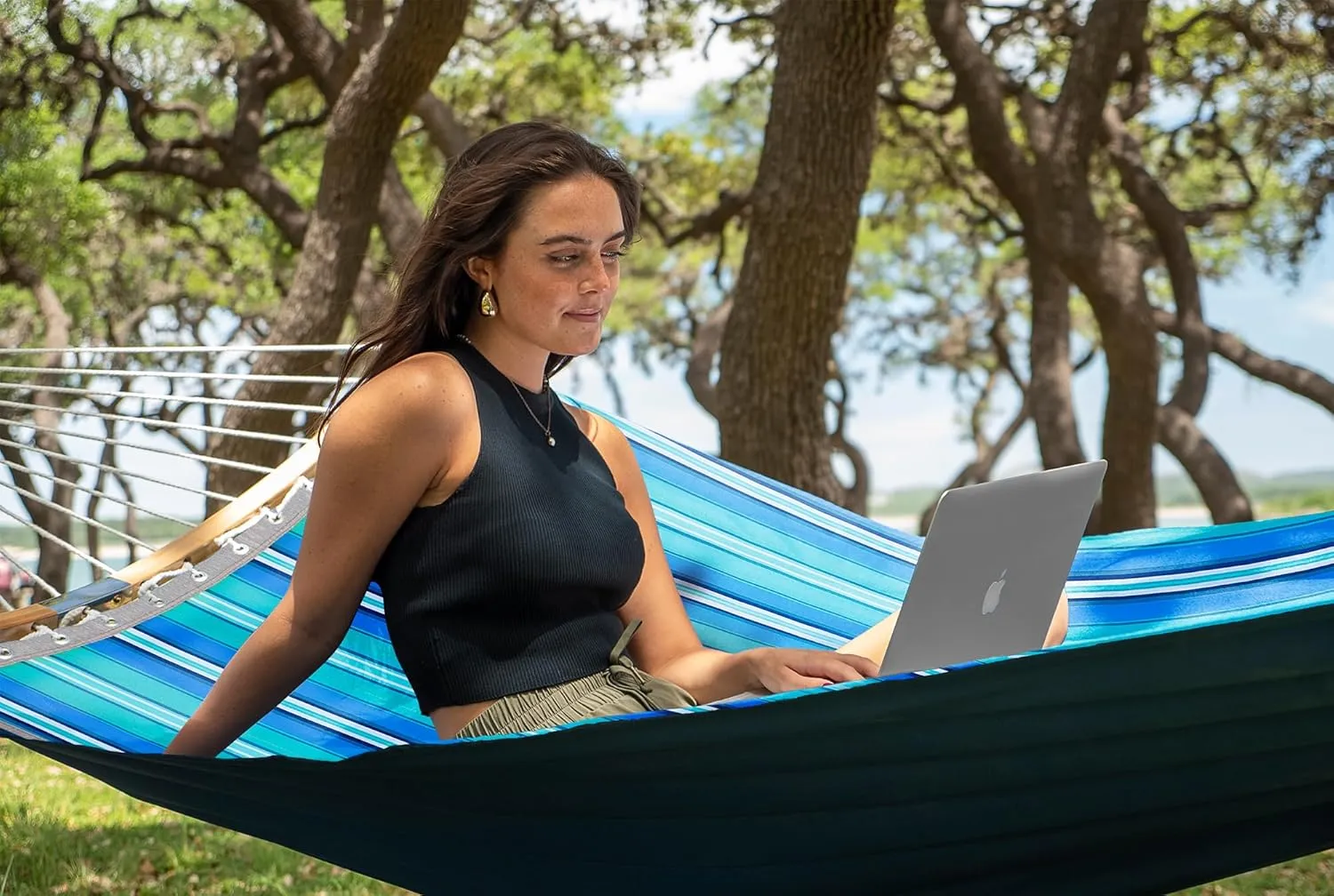 SUPERJARE Hammock with Stand, 2 Person Heavy Duty Hammock Frame, Detachable Pillow & Strong Curved-Bar & Portable Carrying Bag, Perfect for Outdoor & Indoor-Aqua Blue