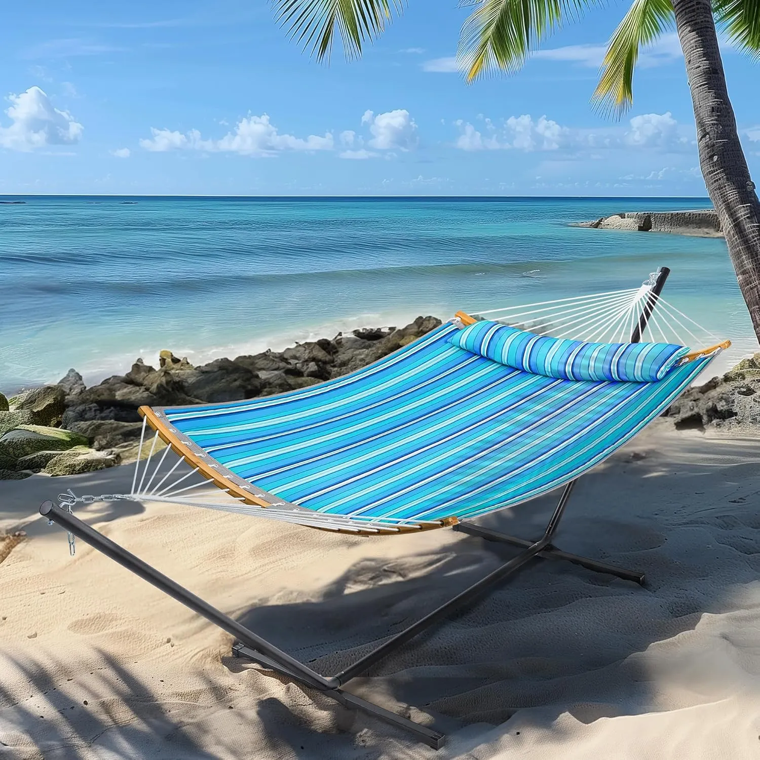 SUPERJARE Hammock with Stand, 2 Person Heavy Duty Hammock Frame, Detachable Pillow & Strong Curved-Bar & Portable Carrying Bag, Perfect for Outdoor & Indoor-Aqua Blue