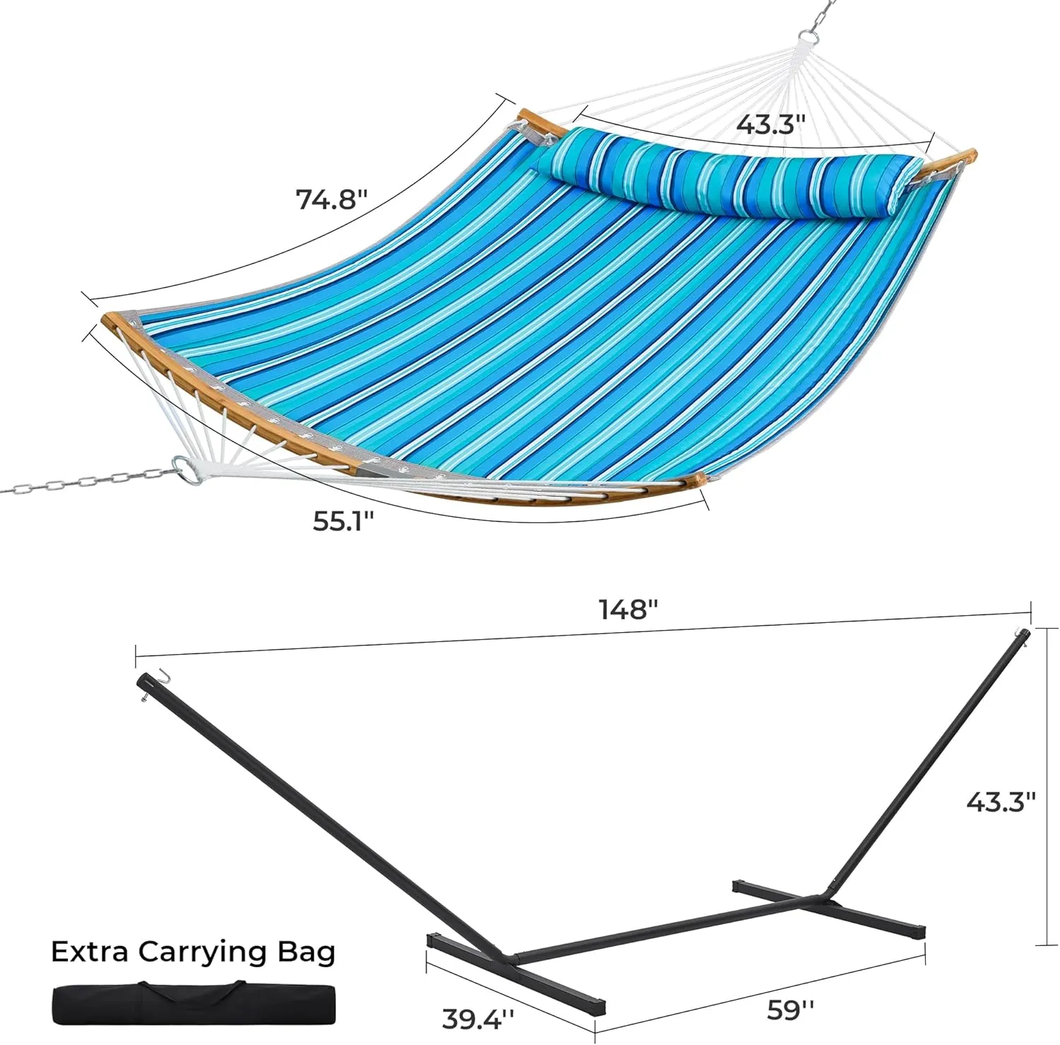 SUPERJARE Hammock with Stand, 2 Person Heavy Duty Hammock Frame, Detachable Pillow & Strong Curved-Bar & Portable Carrying Bag, Perfect for Outdoor & Indoor-Aqua Blue