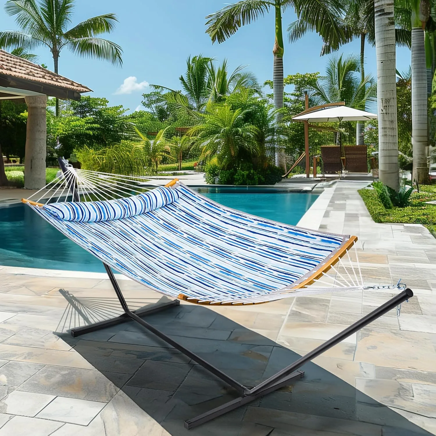 SUPERJARE Hammock with Stand, 2 Person Heavy Duty Hammock Frame, Detachable Pillow & Strong Curved-Bar & Portable Carrying Bag, Perfect for Outdoor & Indoor - Graffiti Blue