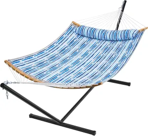 SUPERJARE Hammock with Stand, 2 Person Heavy Duty Hammock Frame, Detachable Pillow & Strong Curved-Bar & Portable Carrying Bag, Perfect for Outdoor & Indoor - Graffiti Blue