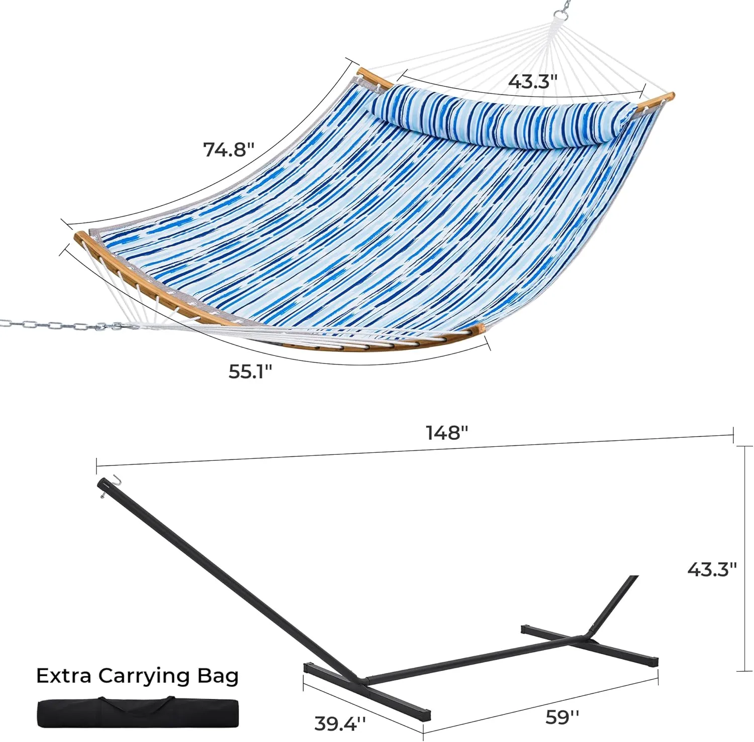 SUPERJARE Hammock with Stand, 2 Person Heavy Duty Hammock Frame, Detachable Pillow & Strong Curved-Bar & Portable Carrying Bag, Perfect for Outdoor & Indoor - Graffiti Blue