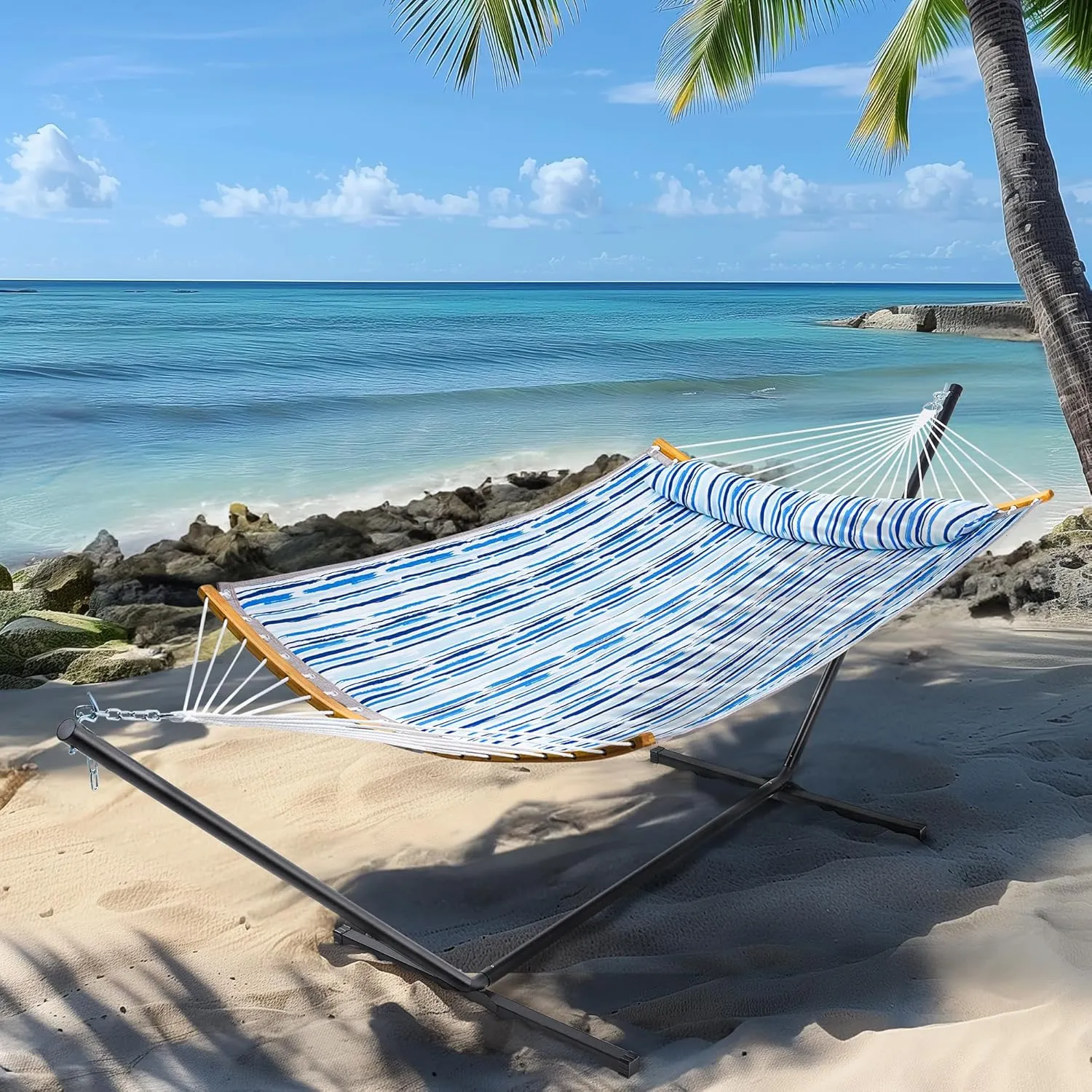 SUPERJARE Hammock with Stand, 2 Person Heavy Duty Hammock Frame, Detachable Pillow & Strong Curved-Bar & Portable Carrying Bag, Perfect for Outdoor & Indoor - Graffiti Blue