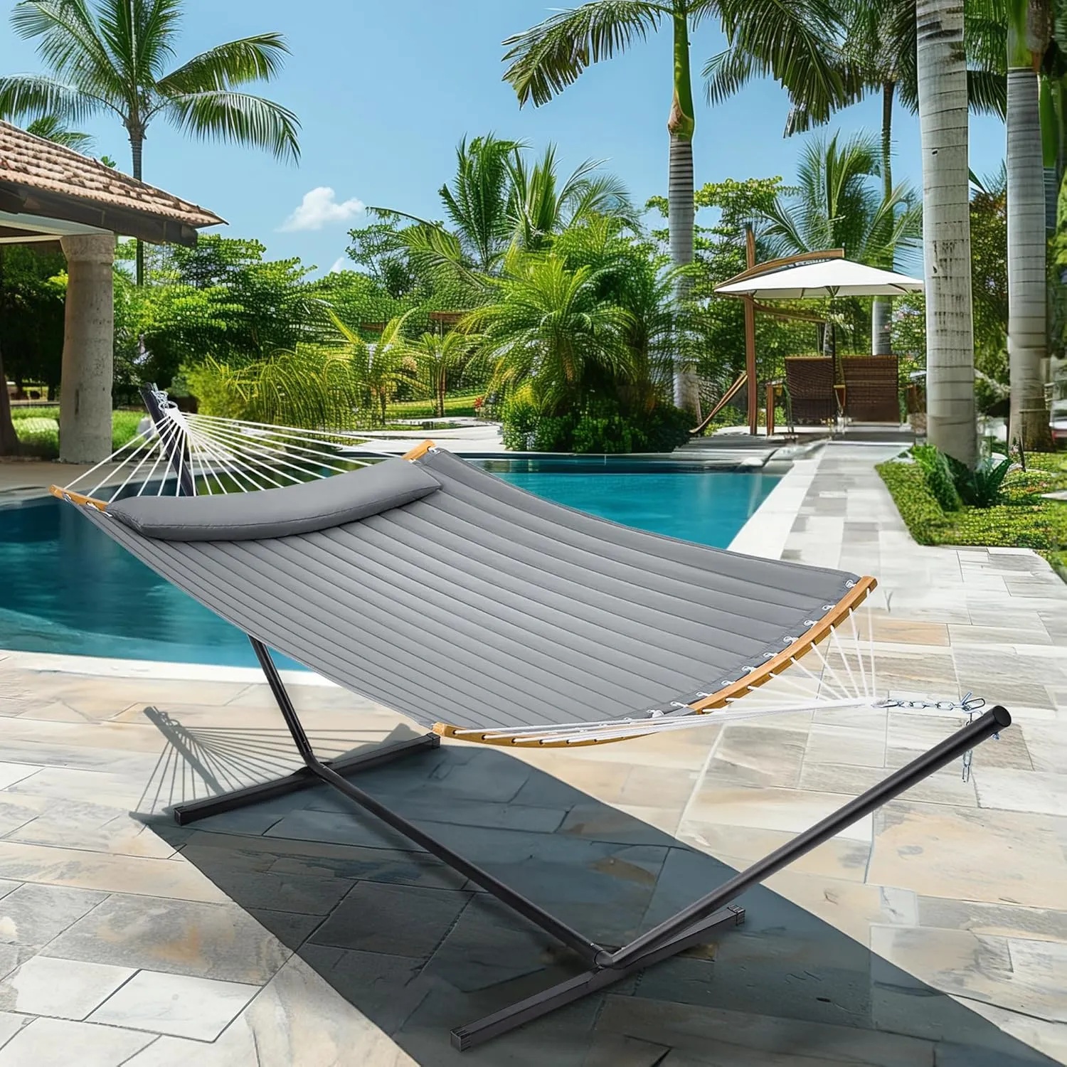 SUPERJARE Hammock with Stand, 2 Person Heavy Duty Hammock Frame, Detachable Pillow & Strong Curved-Bar & Portable Carrying Bag, Perfect for Outdoor & Indoor - Gray