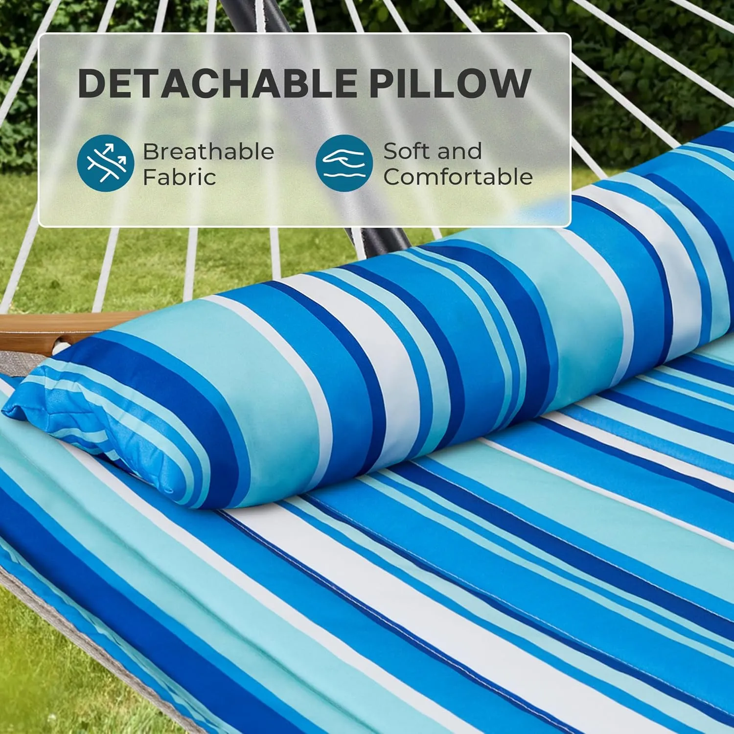 SUPERJARE Hammock with Stand, 2 Person Heavy Duty Hammock with Padded Cotton, Detachable Pillow & Strong Curved-Bar & Portable Carrying Bag, Perfect for Outdoor & Indoor, Blue Stripe