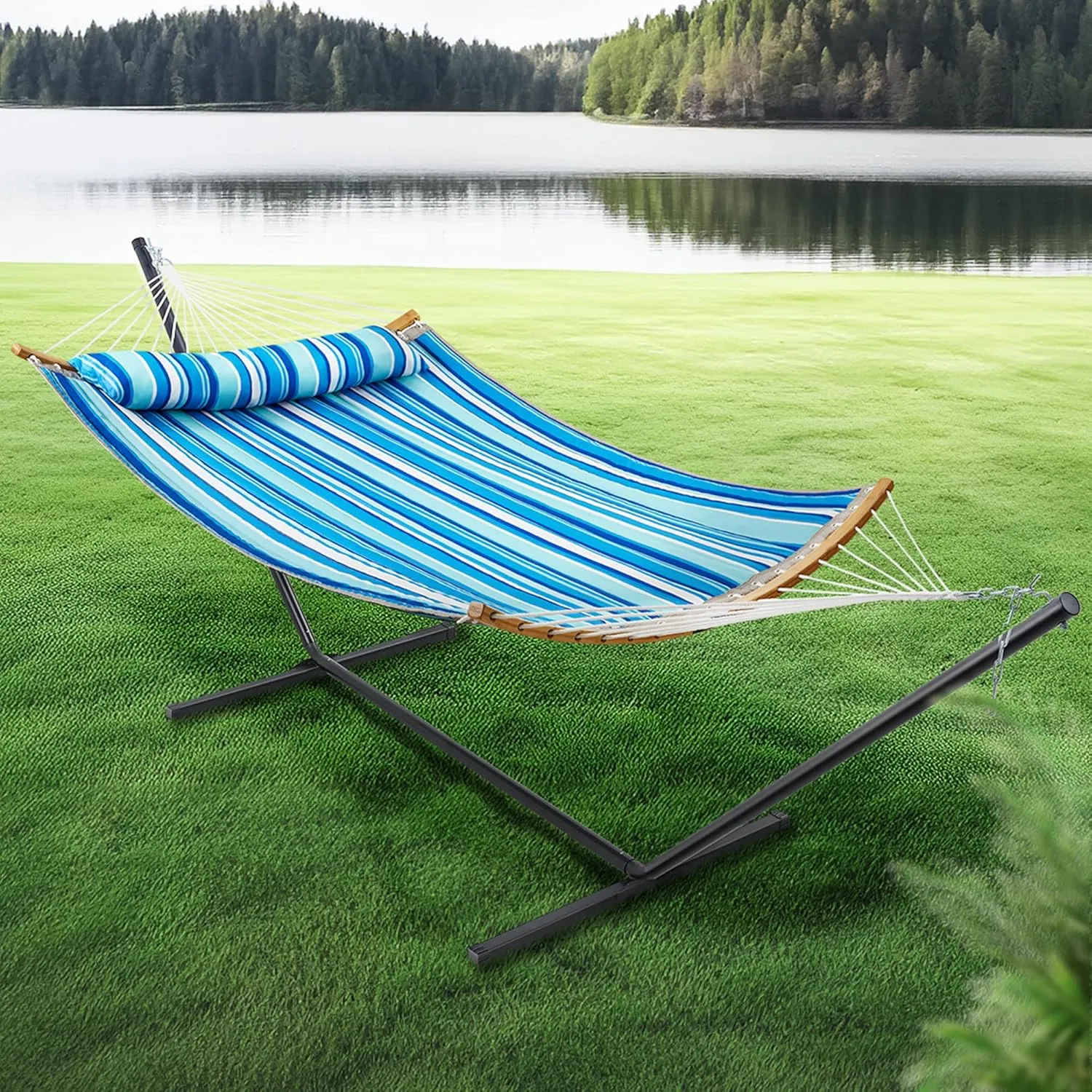 SUPERJARE Hammock with Stand, 2 Person Heavy Duty Hammock with Padded Cotton, Detachable Pillow & Strong Curved-Bar & Portable Carrying Bag, Perfect for Outdoor & Indoor, Blue Stripe