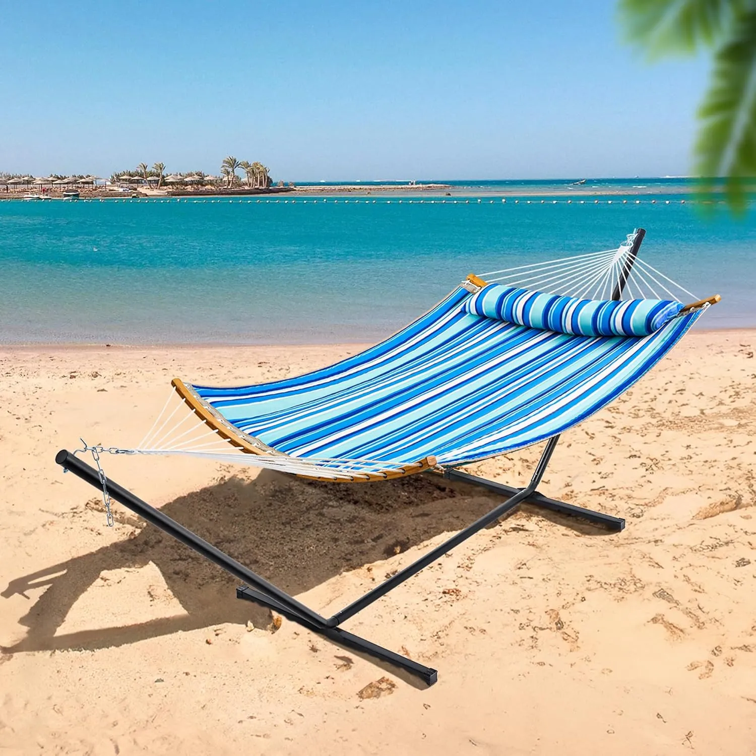 SUPERJARE Hammock with Stand, 2 Person Heavy Duty Hammock with Padded Cotton, Detachable Pillow & Strong Curved-Bar & Portable Carrying Bag, Perfect for Outdoor & Indoor, Blue Stripe