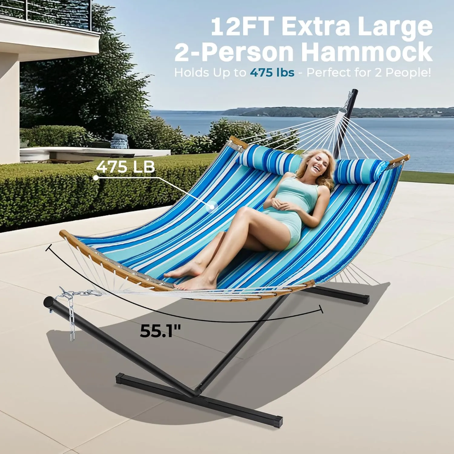 SUPERJARE Hammock with Stand, 2 Person Heavy Duty Hammock with Padded Cotton, Detachable Pillow & Strong Curved-Bar & Portable Carrying Bag, Perfect for Outdoor & Indoor, Blue Stripe