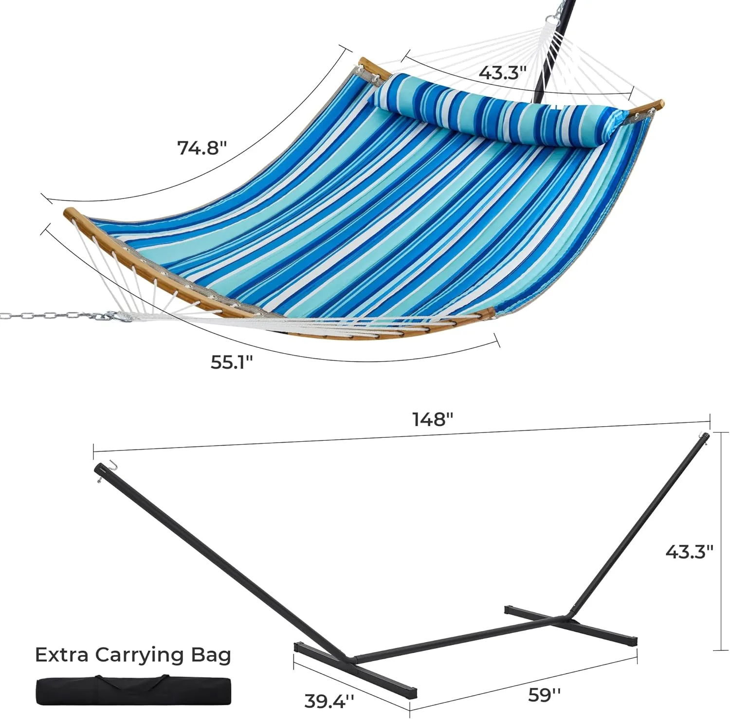 SUPERJARE Hammock with Stand, 2 Person Heavy Duty Hammock with Padded Cotton, Detachable Pillow & Strong Curved-Bar & Portable Carrying Bag, Perfect for Outdoor & Indoor, Blue Stripe