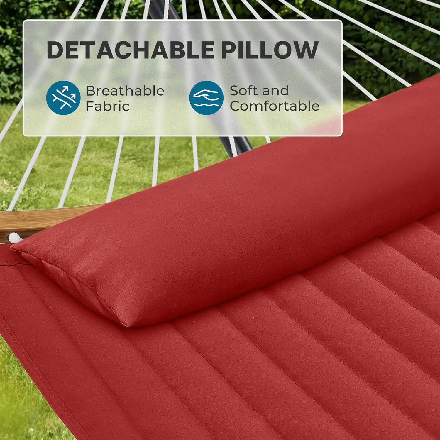 SUPERJARE Hammock with Stand, 2 Person Heavy Duty Hammock with Padded Cotton, Detachable Pillow & Strong Curved-Bar & Portable Carrying Bag, Perfect for Outdoor & Indoor, Burgundy