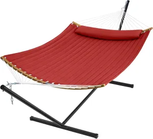 SUPERJARE Hammock with Stand, 2 Person Heavy Duty Hammock with Padded Cotton, Detachable Pillow & Strong Curved-Bar & Portable Carrying Bag, Perfect for Outdoor & Indoor, Burgundy