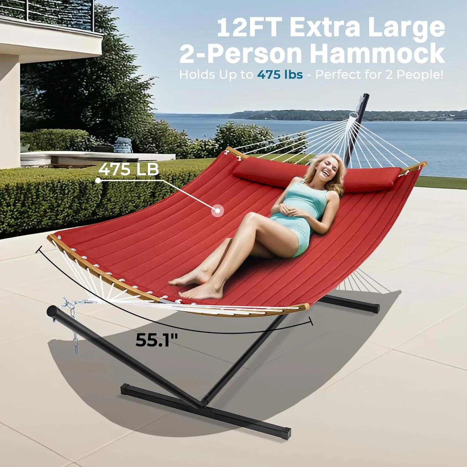 SUPERJARE Hammock with Stand, 2 Person Heavy Duty Hammock with Padded Cotton, Detachable Pillow & Strong Curved-Bar & Portable Carrying Bag, Perfect for Outdoor & Indoor, Burgundy