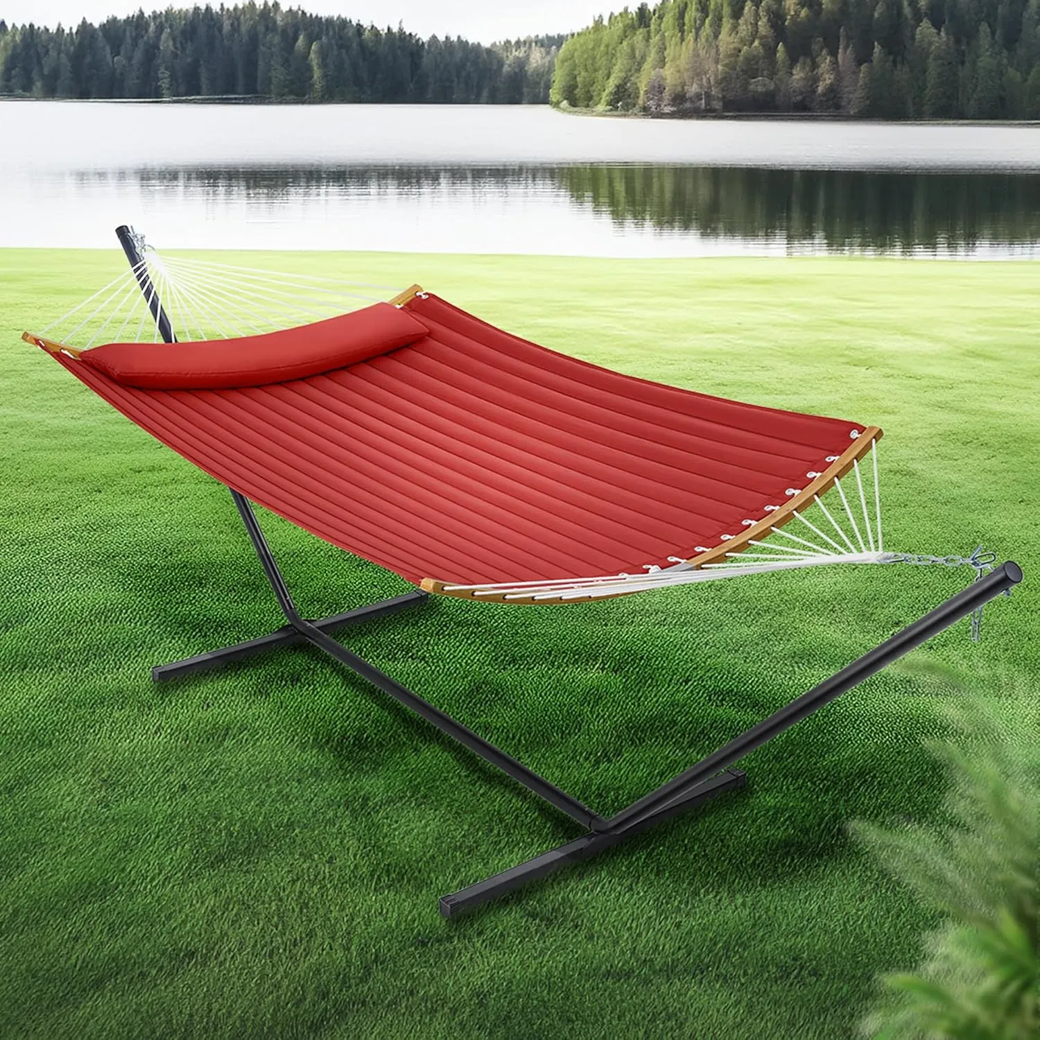 SUPERJARE Hammock with Stand, 2 Person Heavy Duty Hammock with Padded Cotton, Detachable Pillow & Strong Curved-Bar & Portable Carrying Bag, Perfect for Outdoor & Indoor, Burgundy