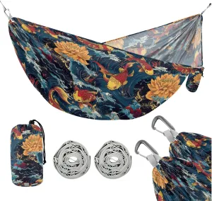susiyo Portable Camping Hammock Chinese Style Colorful Carp Printed Lightweight Hammock Comfortable Travel Swing with Tree Straps for Camping Hiking Backpacking Travel or Beach - Up to 330lbs
