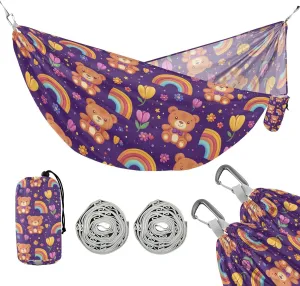 susiyo Portable Camping Hammock Cute Bear Rainbows Printed Lightweight Hammock Comfortable Travel Swing with Tree Straps for Camping Hiking Backpacking Travel or Beach - Up to 330lbs
