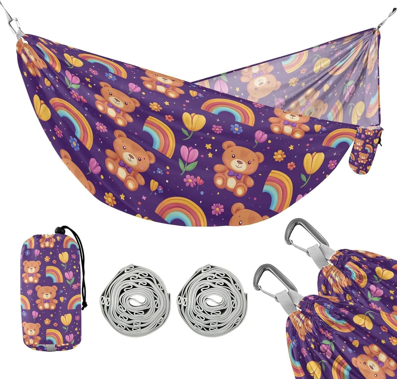 susiyo Portable Camping Hammock Cute Bear Rainbows Printed Lightweight Hammock Comfortable Travel Swing with Tree Straps for Camping Hiking Backpacking Travel or Beach - Up to 330lbs