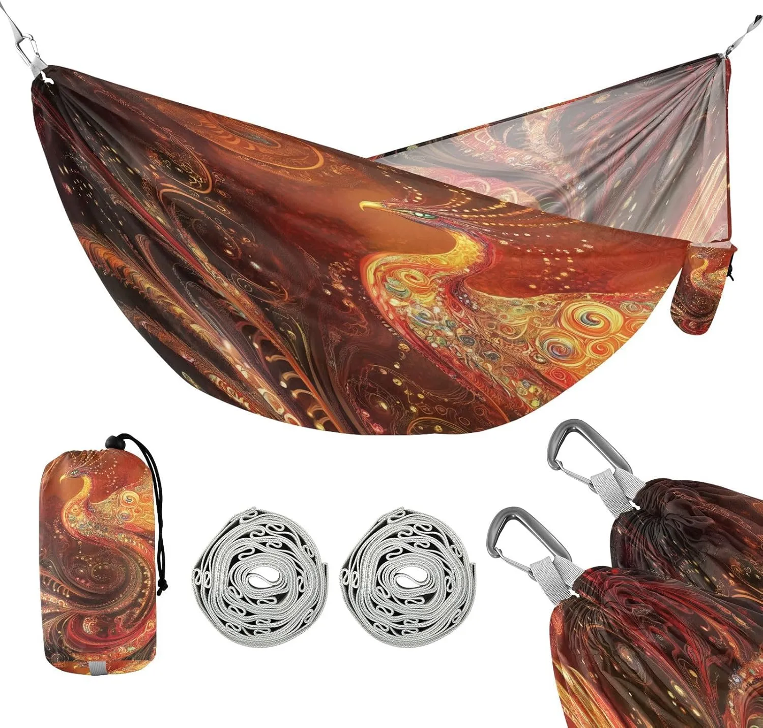susiyo Portable Camping Hammock Fire Phoenix Printed Lightweight Hammock Comfortable Travel Swing with Tree Straps for Camping Hiking Backpacking Travel or Beach - Up to 330lbs
