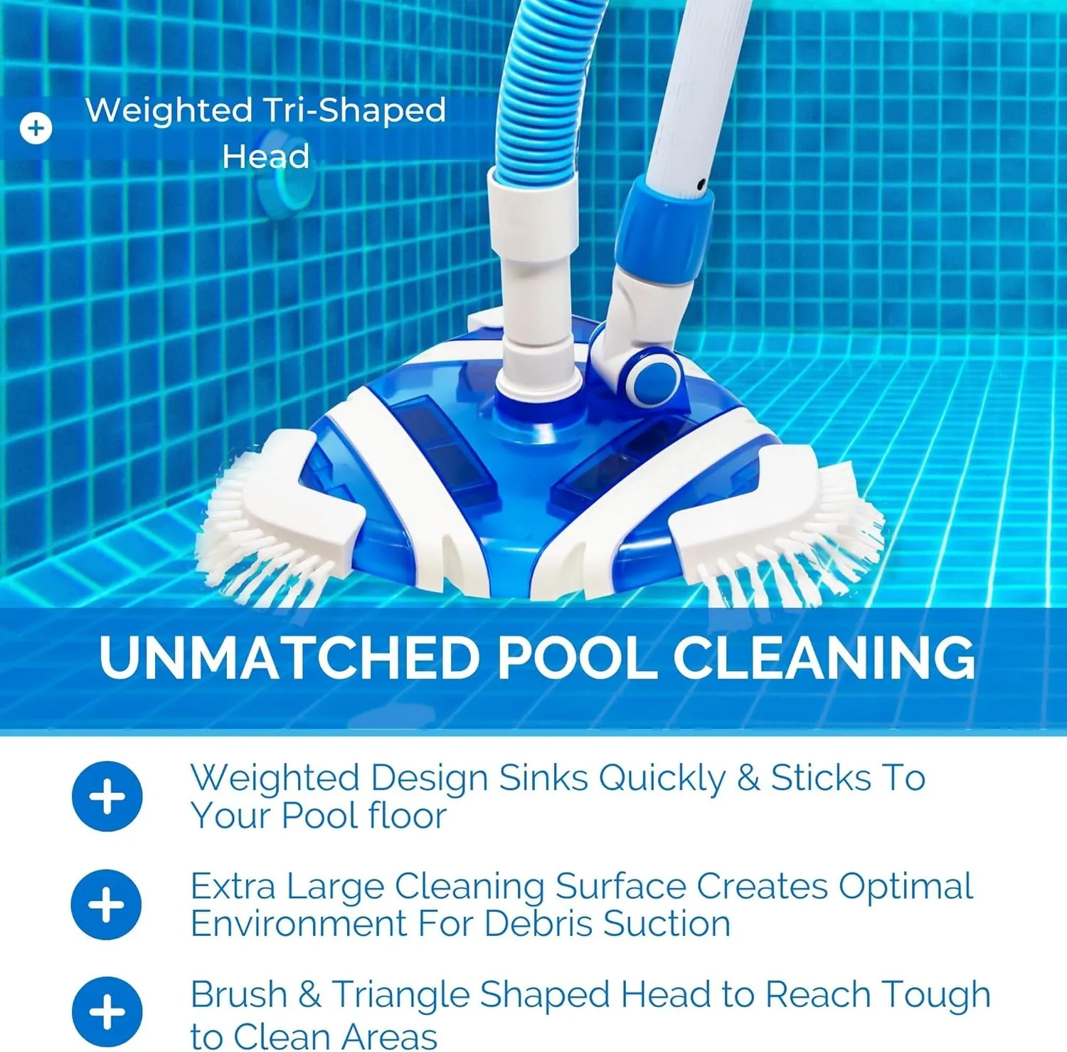 SWIMLINE HYDROTOOLS Clear Pool Vacuum Head Attachment For Inground & Above Ground Pools | Weighted Flexible Vac Head Triangle Shape W/ Bristles | Swivel Hose 1-1/4 or 1-1/2’’| See Through Transparent