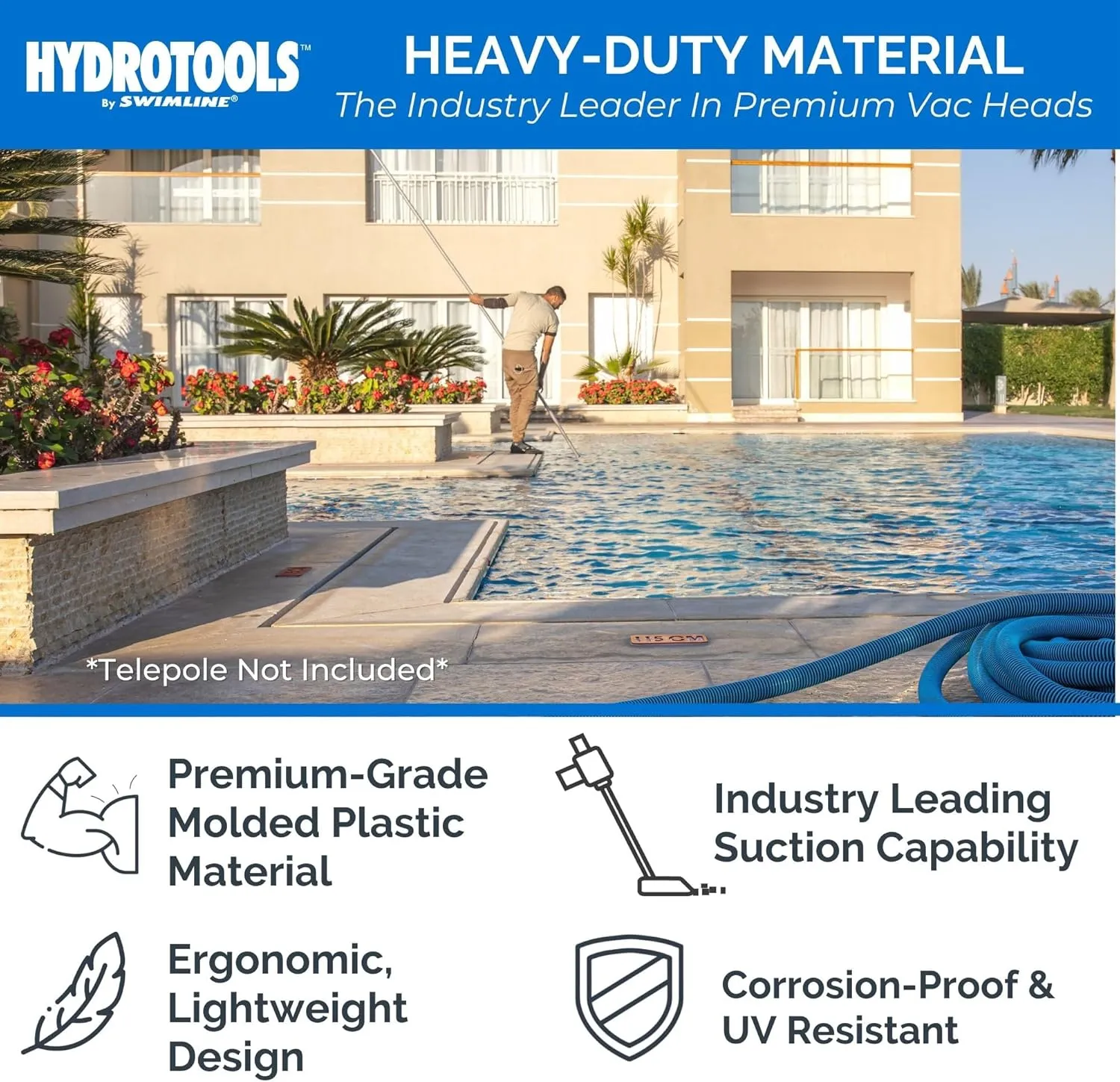 SWIMLINE HYDROTOOLS Clear Pool Vacuum Head Attachment For Inground & Above Ground Pools | Weighted Flexible Vac Head Triangle Shape W/ Bristles | Swivel Hose 1-1/4 or 1-1/2’’| See Through Transparent